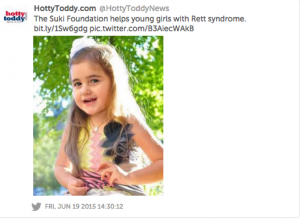 Example of a student-created campaign. The Suki Foundation was created to Rett Syndrome, which disproportionately affects young girls. Link to Hottytoddy News - http://hottytoddy.com/2015/06/19/suki-foundation-formed-from-mission-for-sarah-katherine/
